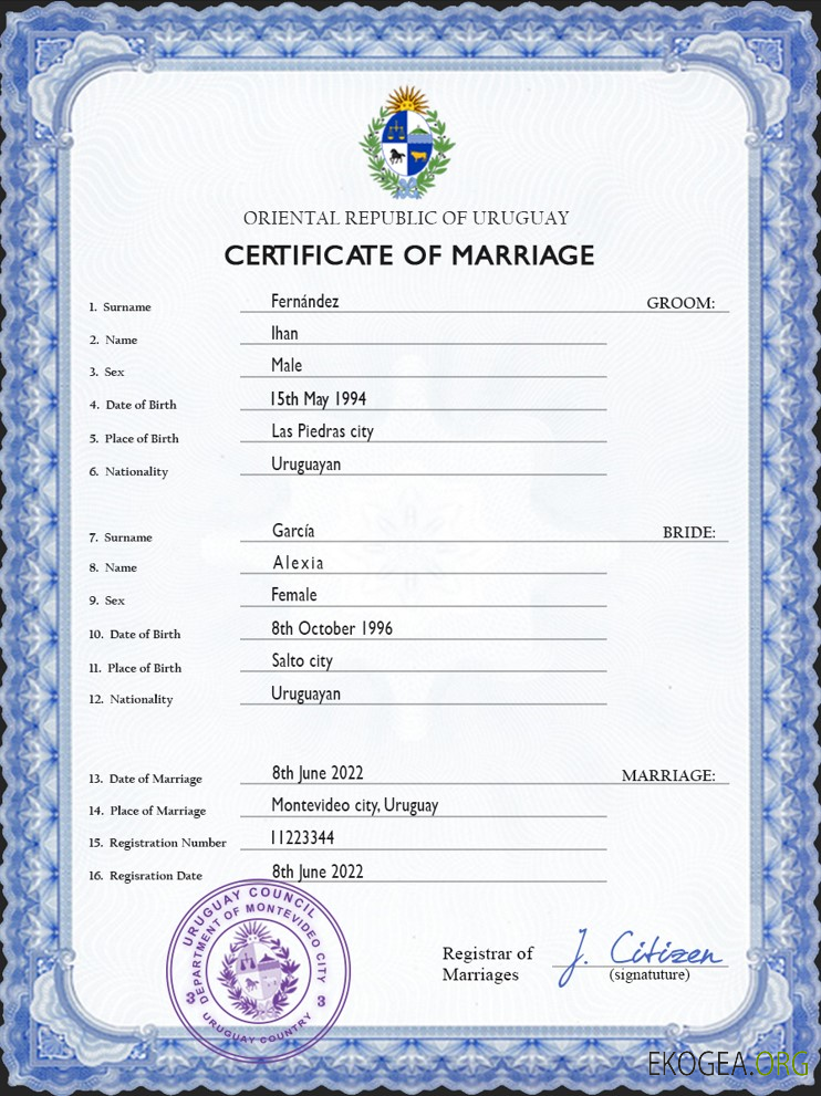 Modèle PSD de certificat de mariage en Uruguay